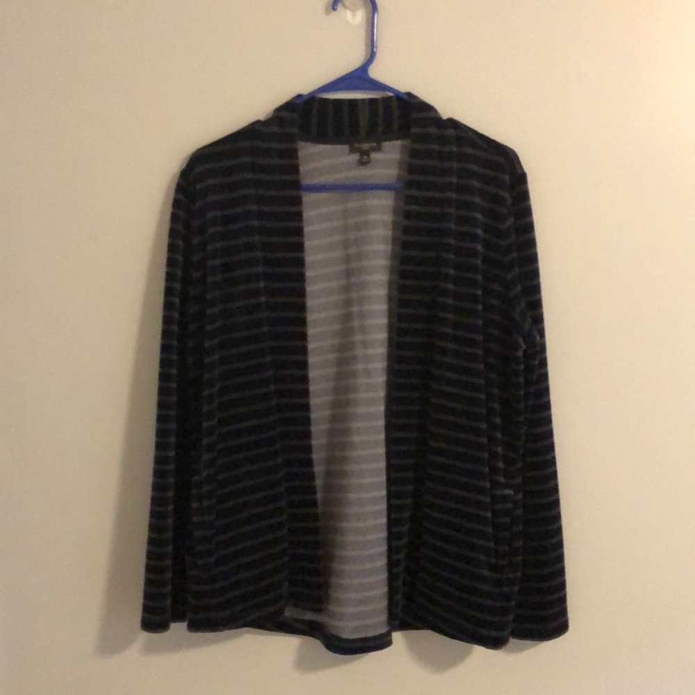 Talbots navy blue / grey strip velour open jacket and pants.